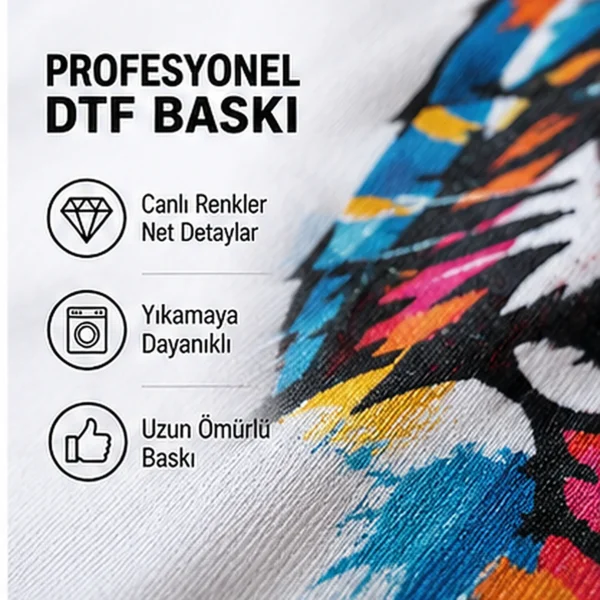 Pamuklu tişört üzerinde renkli DTF baskı detay görünümü