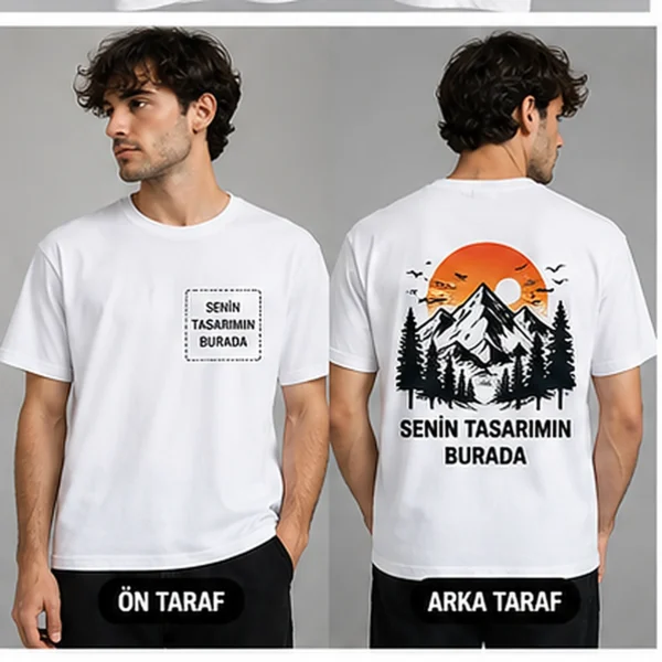 Beyaz premium tişört ön ve arka baskı konumu örneği