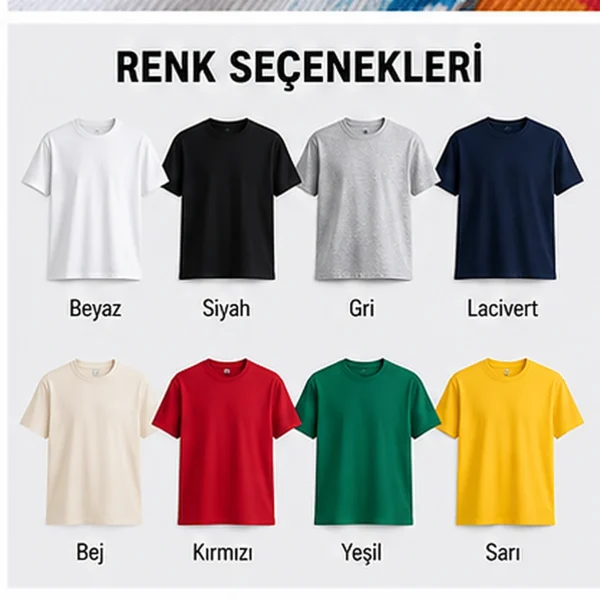 Beyaz siyah gri lacivert ve farklı renklerde tişört örnekleri