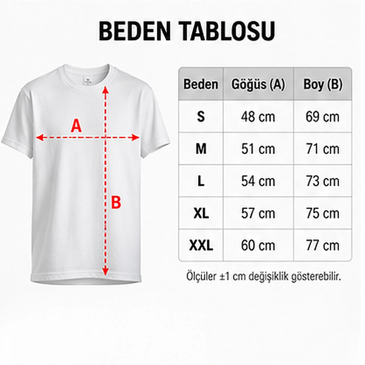 Premium tişört göğüs genişliği ve boy ölçüm şeması