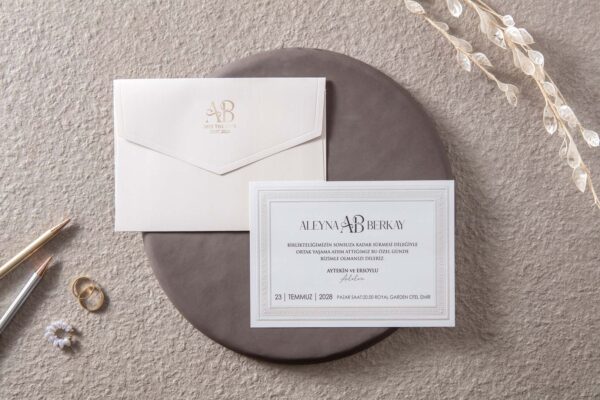 İklim Davetiye Sade, Altın Yaldız Detaylı Nişan, Nikah, Düğün Davetiyesi (100 Adet) 10706